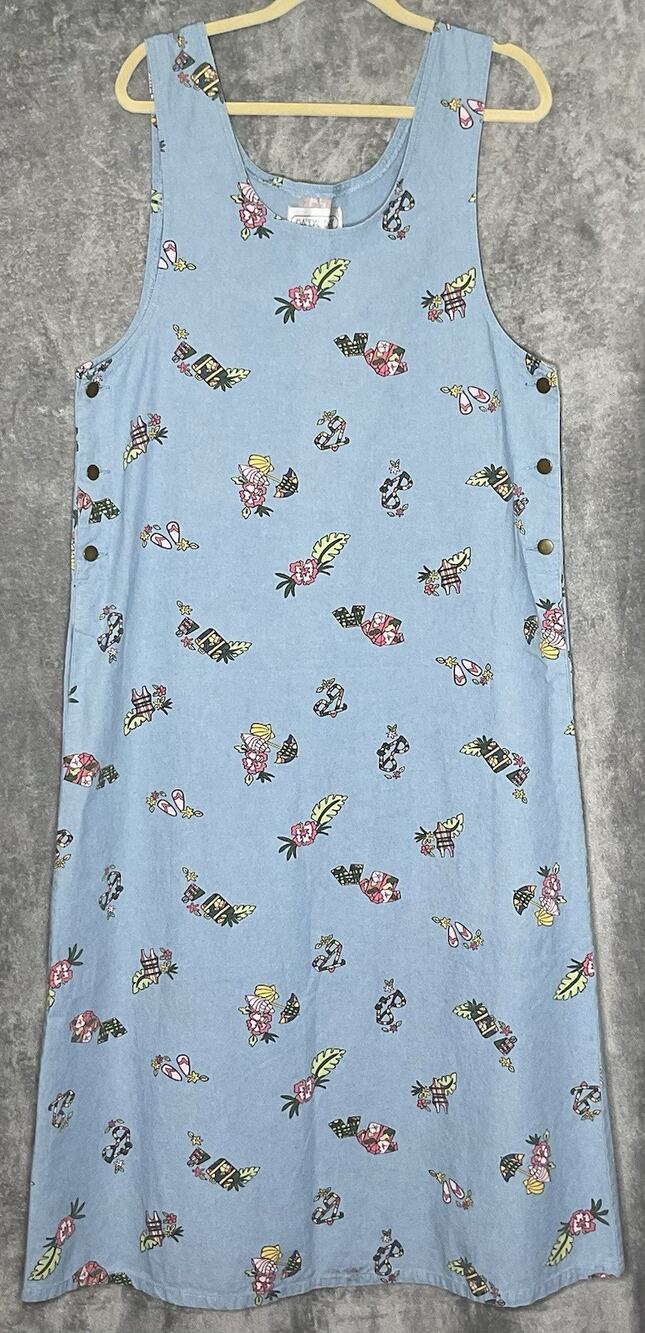 Mandal Bay Womens Jumper Dress L Blue Cotton Tropical Novelty Print Button Sides
